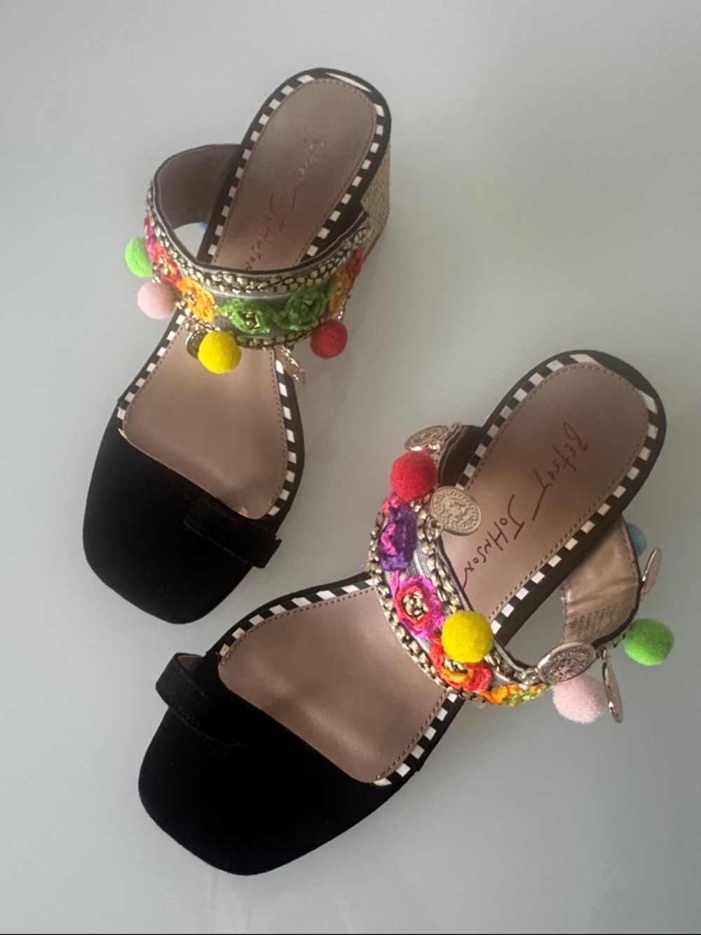 Betsey Johnson Callan Sandals Black Multicolor Coins Pom Poms Size 5.5 - Picture 2 of 10